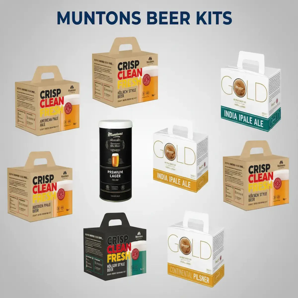 Muntons Beer Kits collection featuring various beer kit boxes and a can of premium lager.