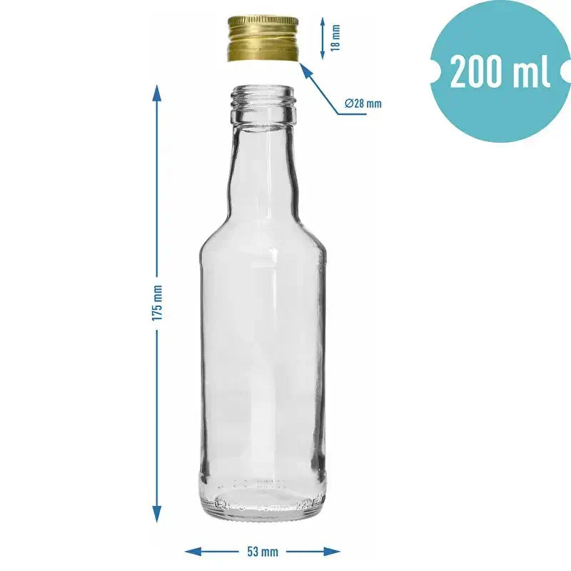 200ml classic spirits bottle with gold 28 mm screw cap dimensions and design details