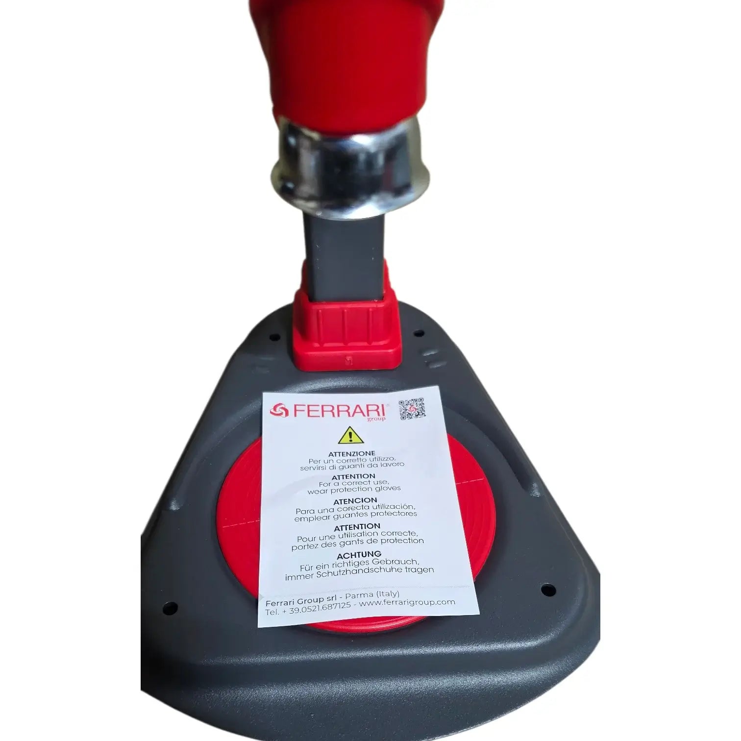 Ferrari Agata Bench Crown Capper featuring a red push-button and warning label for safety instructions.