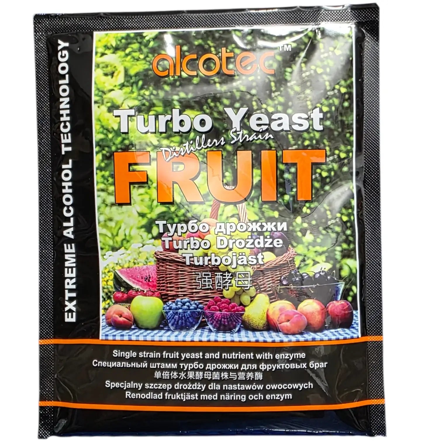 Fruit Turbo Yeast package by Alcotec featuring fruit images and details about high-performance distilling.