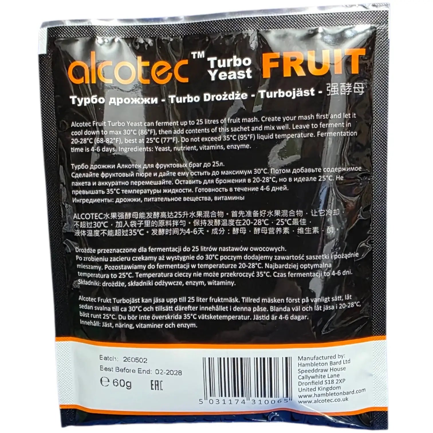 Alcotec Fruit Turbo Yeast packaging with instructions for fermenting fruit-based spirits.