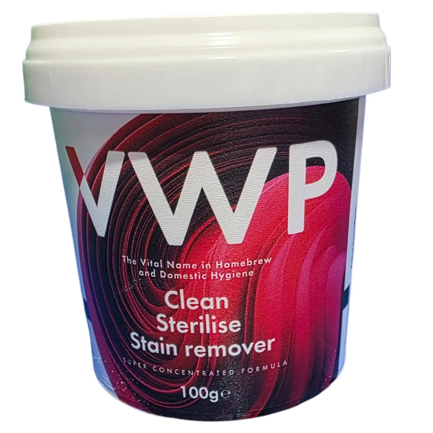 VWP 100g Cleaner Steriliser powder container showcasing its stain remover properties and concentrated formula.
