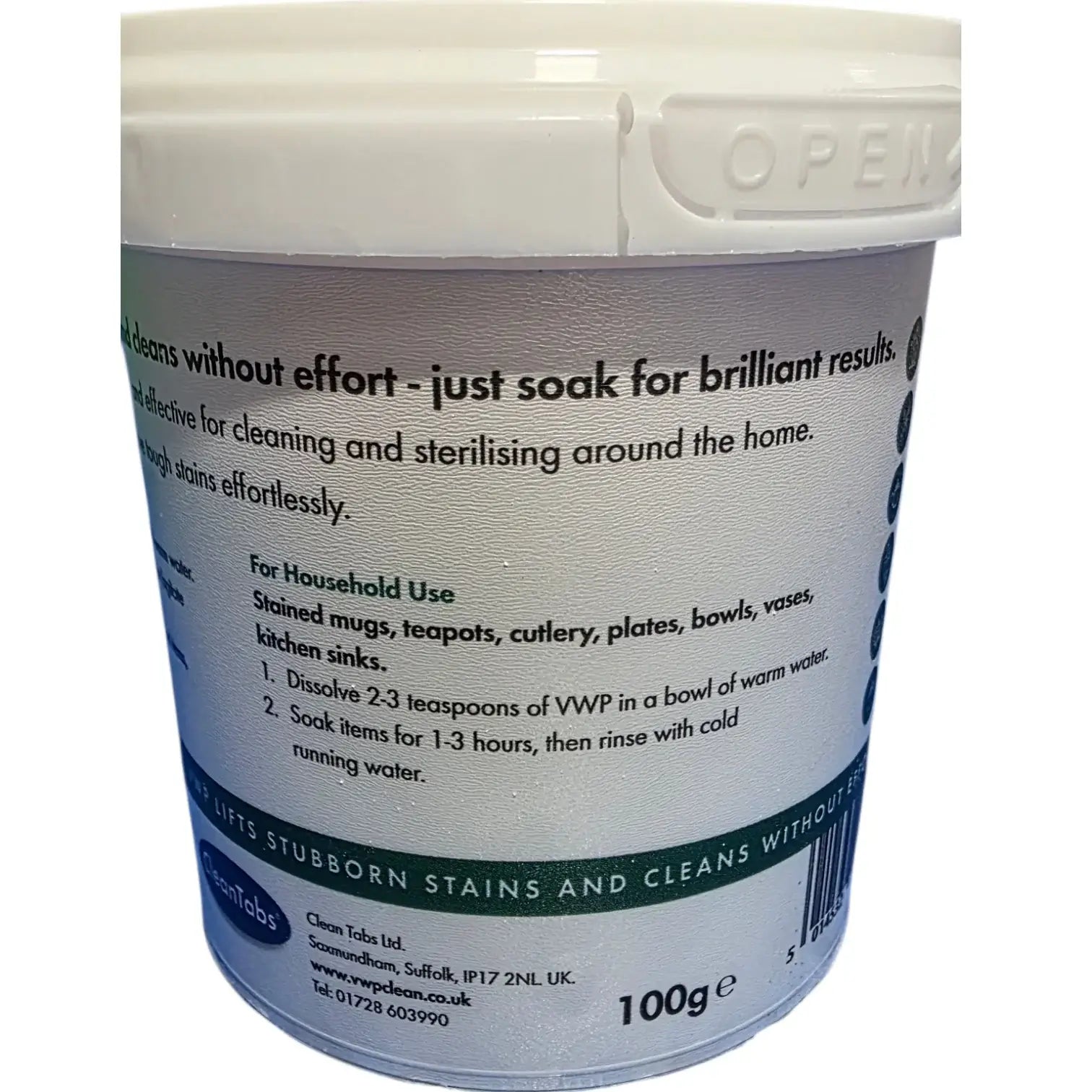 VWP 100g Cleaner Steriliser powder container showing usage instructions for effective cleaning and stain removal.