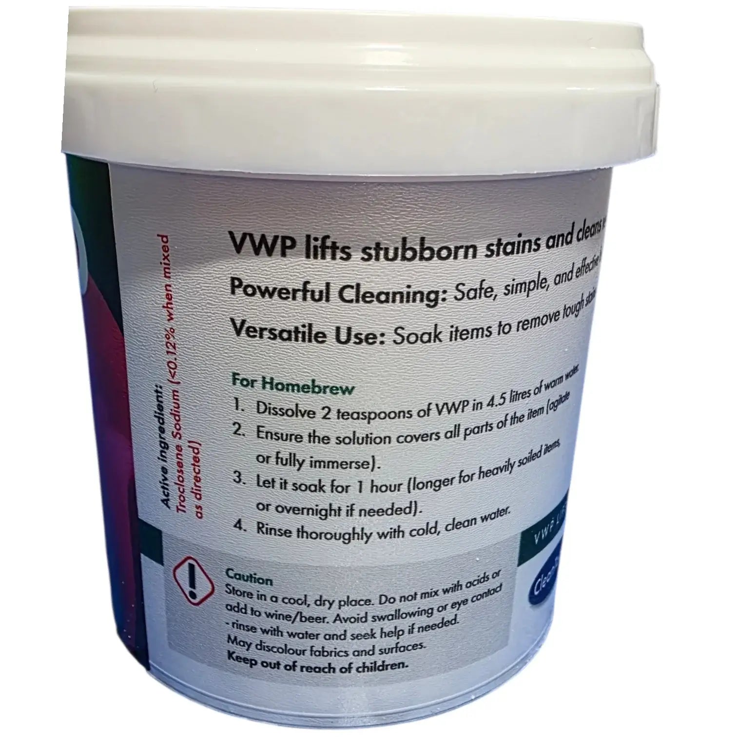 VWP 100g Cleaner Steriliser powder container showing instructions and cleaning benefits.