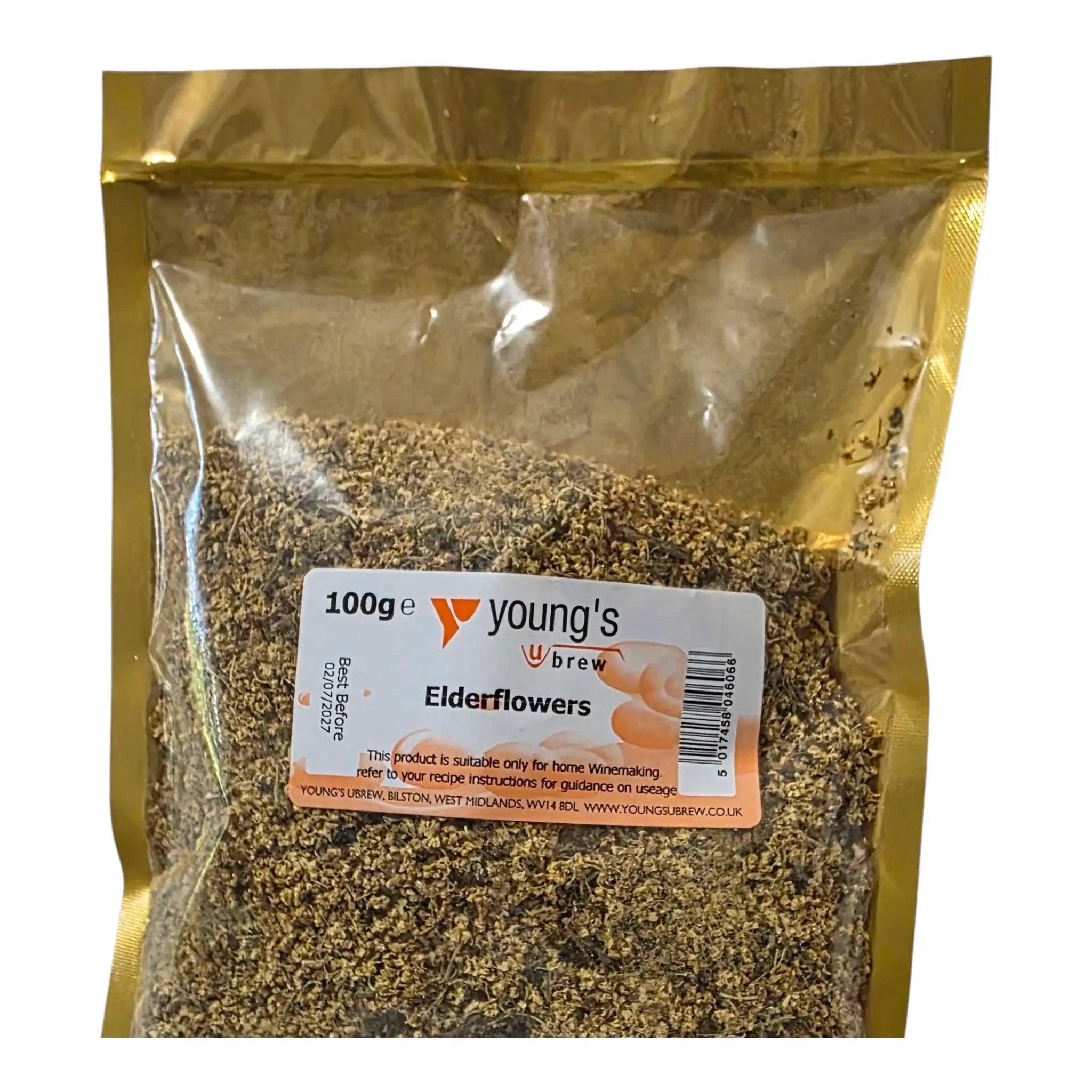 Dried Elderflowers 100g for home brewing, ideal for wine making and adding unique flavor to recipes.
