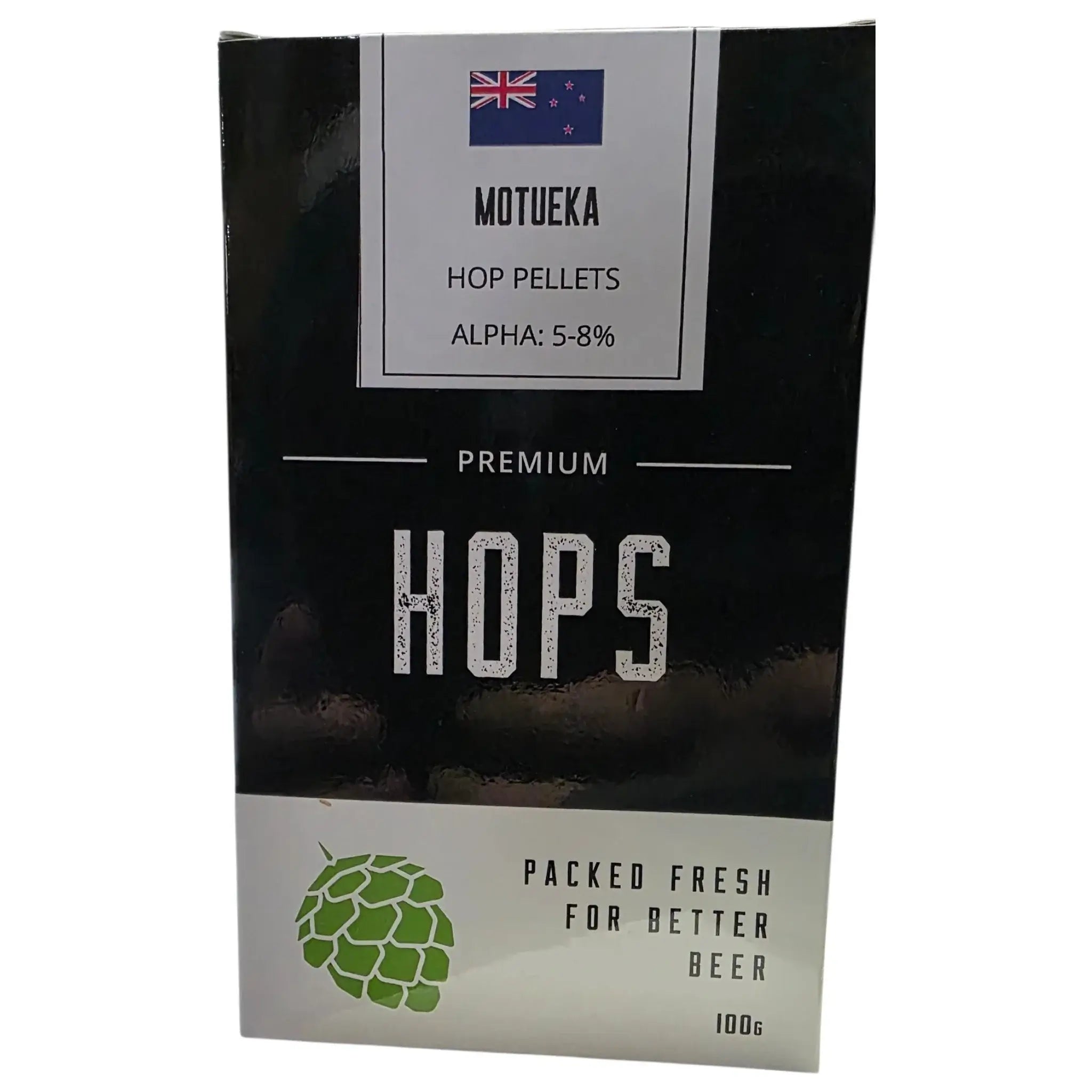 Motueka 100g Hop Pellets packaging featuring premium hops for better beer.
