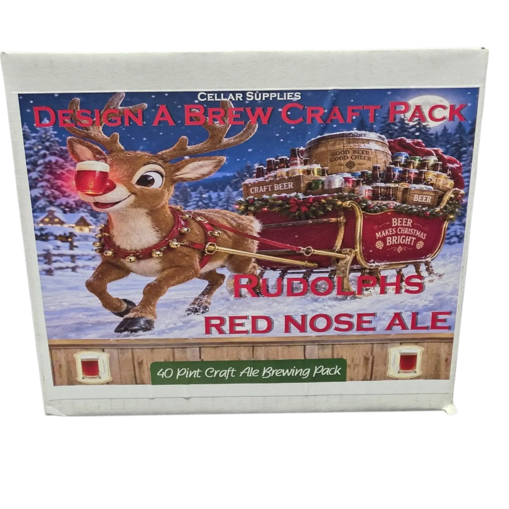 Rudolph's Red Nose Ale Beer Kit packaging featuring a festive reindeer with a sleigh full of craft beer supplies.