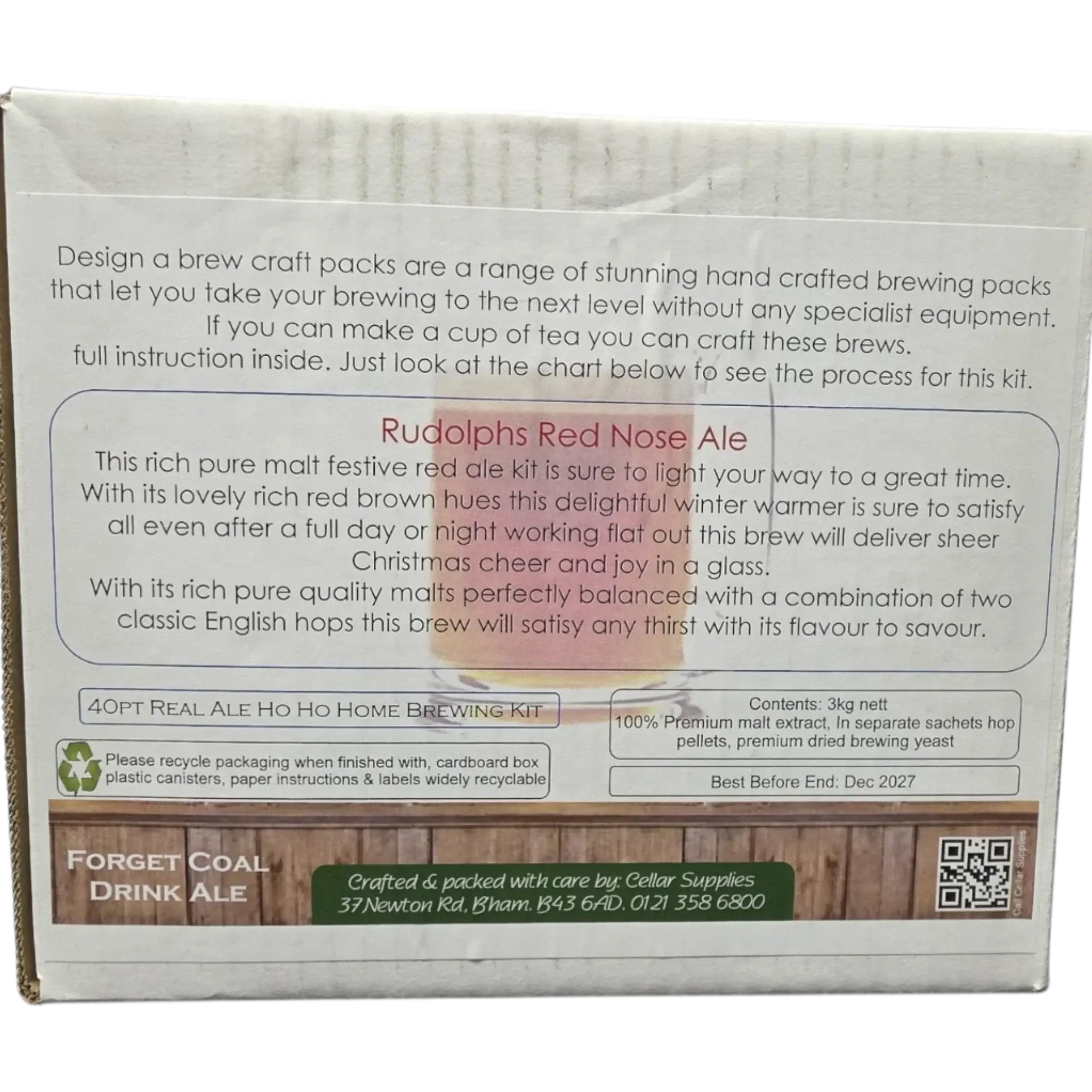 Rudolph's Red Nose Ale Beer Kit package back with brewing instructions and description of festive red ale.