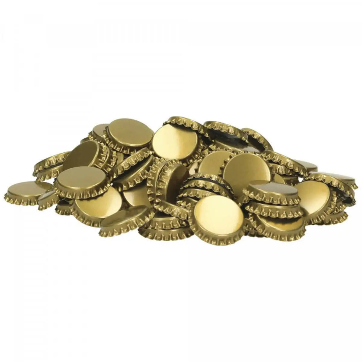 29mm Crown Caps Gold x 1000 - A pile of gold crown caps suitable for sealing Champagne bottles.