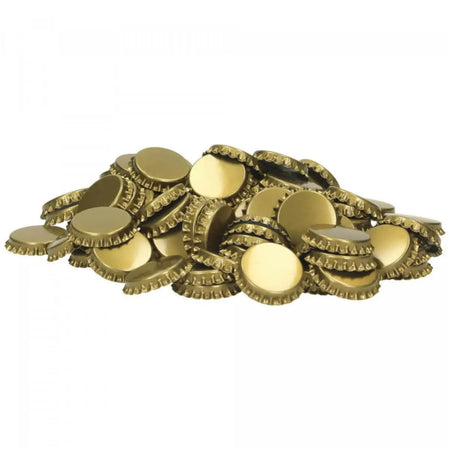 29mm Crown Caps Gold x 1000 - A pile of gold crown caps suitable for sealing Champagne bottles.