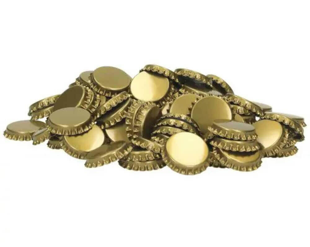 29mm Crown Caps Gold x 200 pack of shiny gold crown caps stacked together.