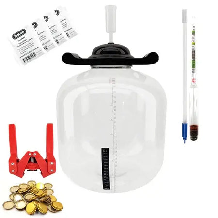 FermZilla 30L Home Brew Starter Kit with Bottle Capper featuring fermenter, airlock, hydrometer, and bottle caps.
