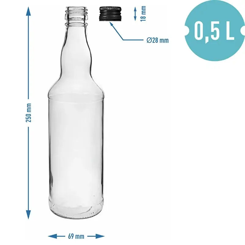 500 ml vodka bottle with black screw cap, dimensions shown alongside clear glass bottle design.