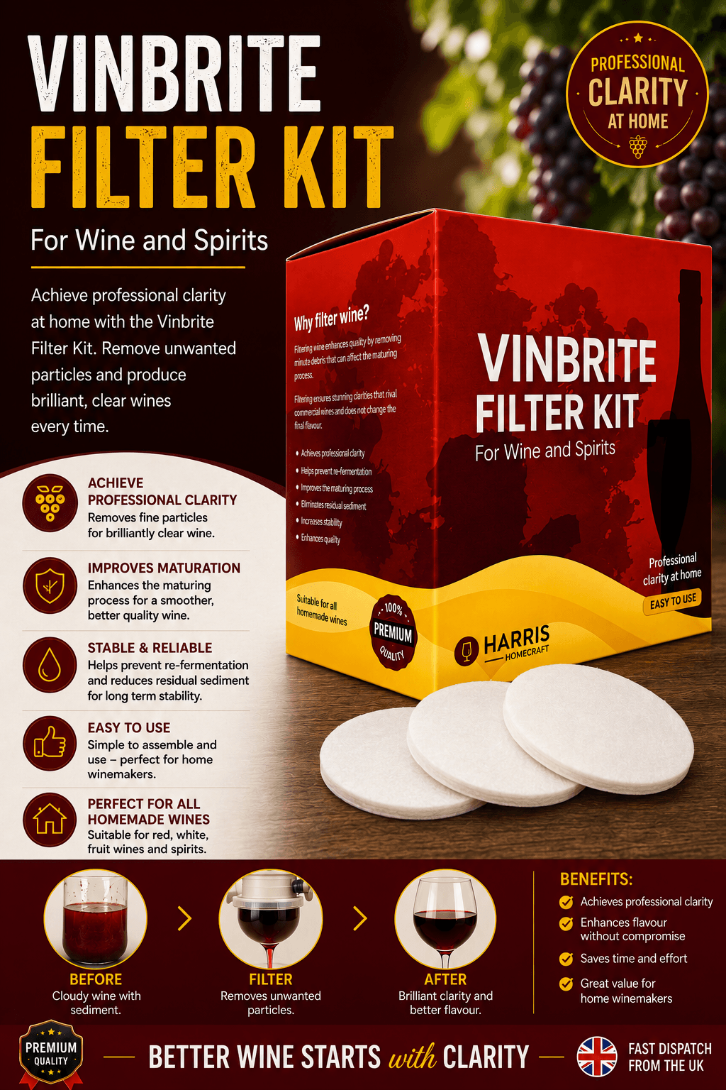 Harris Vinbrite Wine Filter Kit packaging and filtering pads for clear wine and spirits.
