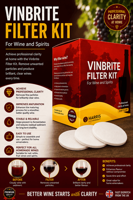Harris Vinbrite Wine Filter Kit packaging and filtering pads for clear wine and spirits.
