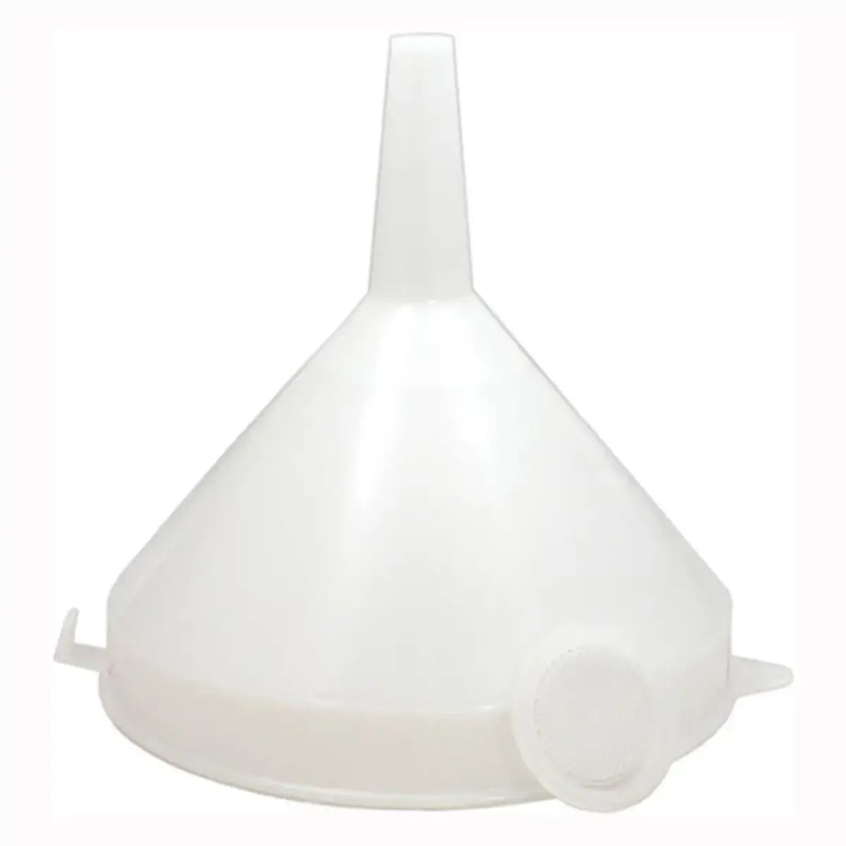 7 Inch Funnel and Strainer in white plastic with removable straining disc for filtering liquids.