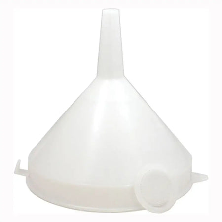 7 Inch Funnel and Strainer in white plastic with removable straining disc for filtering liquids.