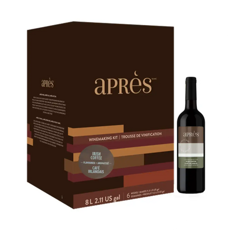 Aprés Irish Coffee Dessert Wine Kit packaging with bottle, 8L winemaking kit for festive seasonal enjoyment.