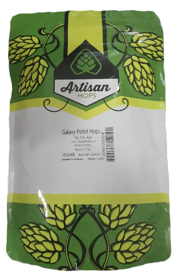 Packaging of Artisan Hops Galaxy Pellet Hops with green and yellow design.