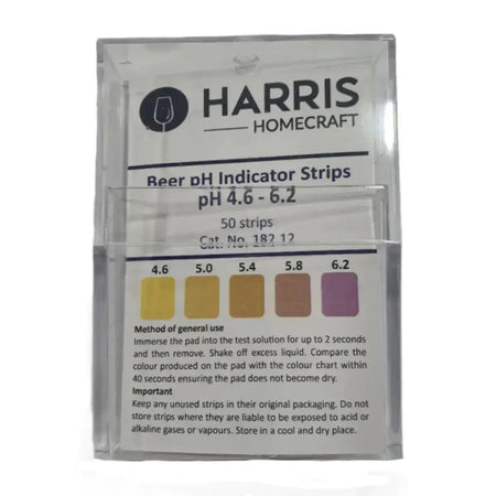 Beer pH Strips 4.6-6.2 - Harris package showing pH values and usage instructions.
