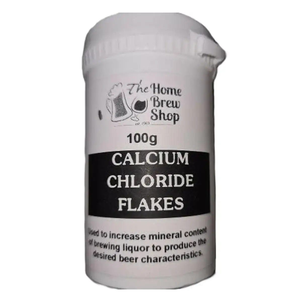 Calcium Chloride Flakes 100g Pot used to improve brewing quality and enhance beer characteristics.
