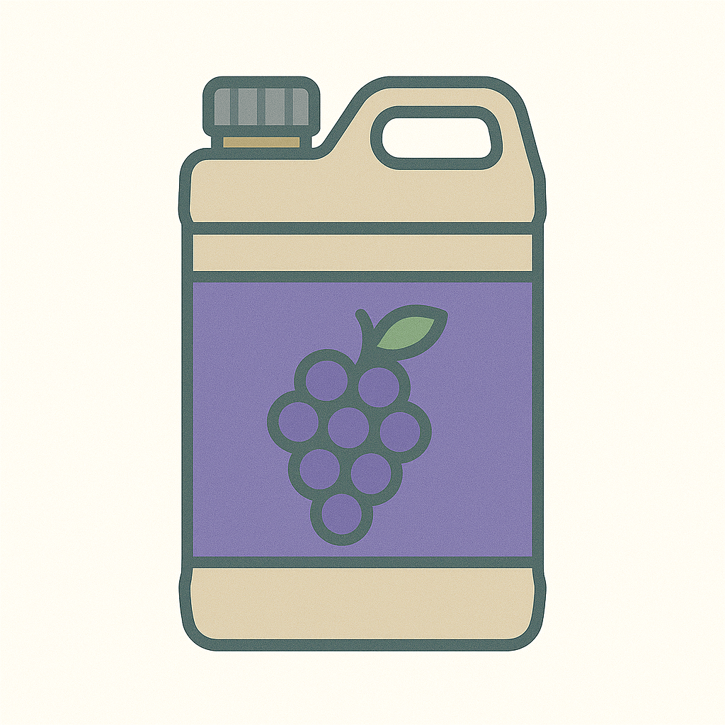Purple container with a grape design, ideal for juice or grape concentrate packaging.