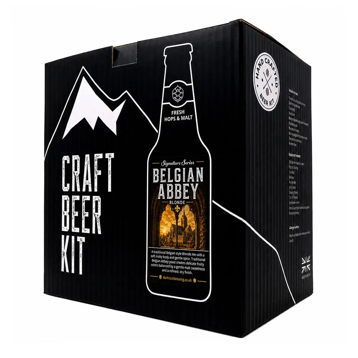 Dark Rock Signature Belgian Abbey Beer Kit packaging showcasing a craft beer kit with a bottle design and ingredients.