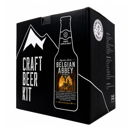 Dark Rock Signature Belgian Abbey Beer Kit packaging showcasing a craft beer kit with a bottle design and ingredients.