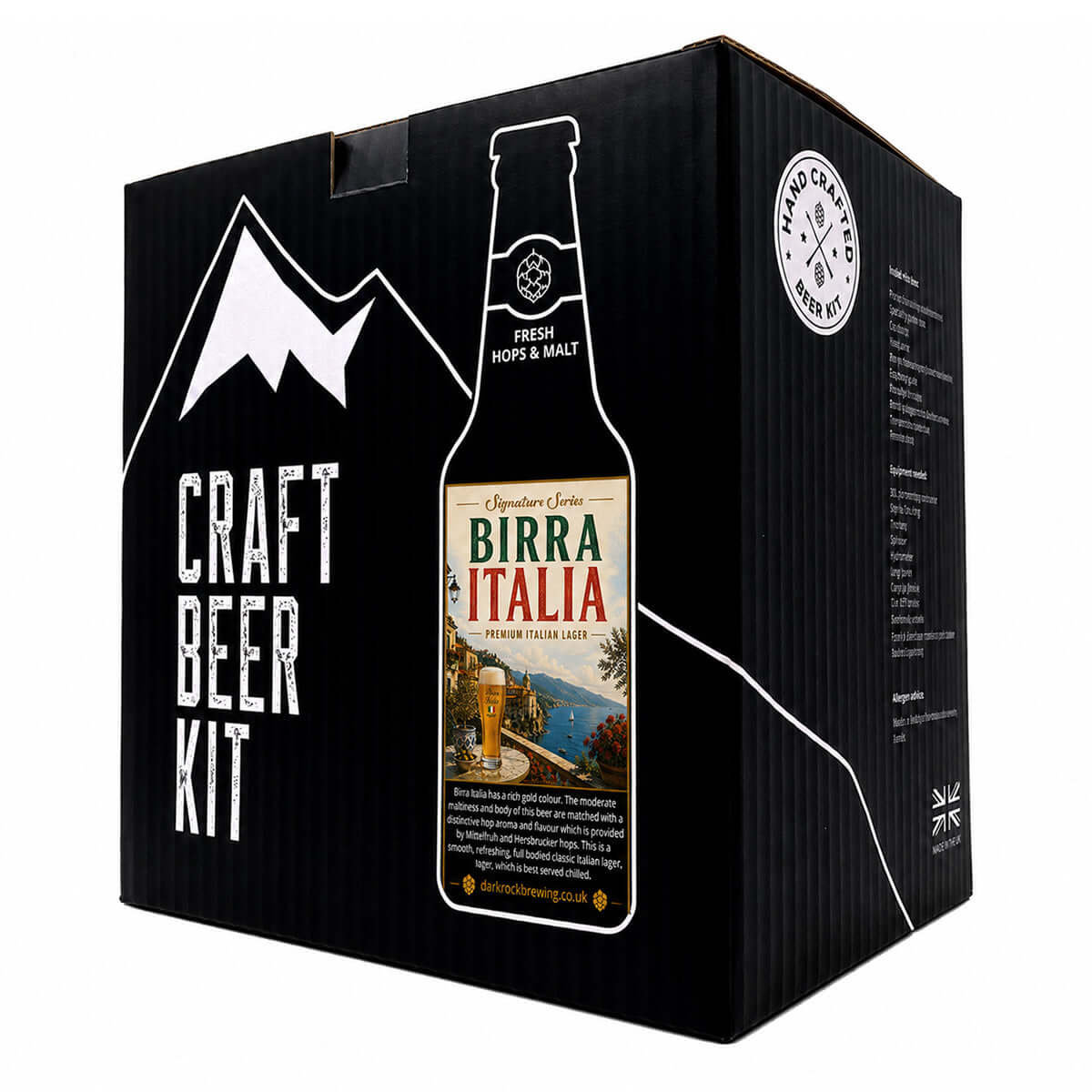 Dark Rock Signature Birra Italia Lager beer kit packaging with hops and malt design.