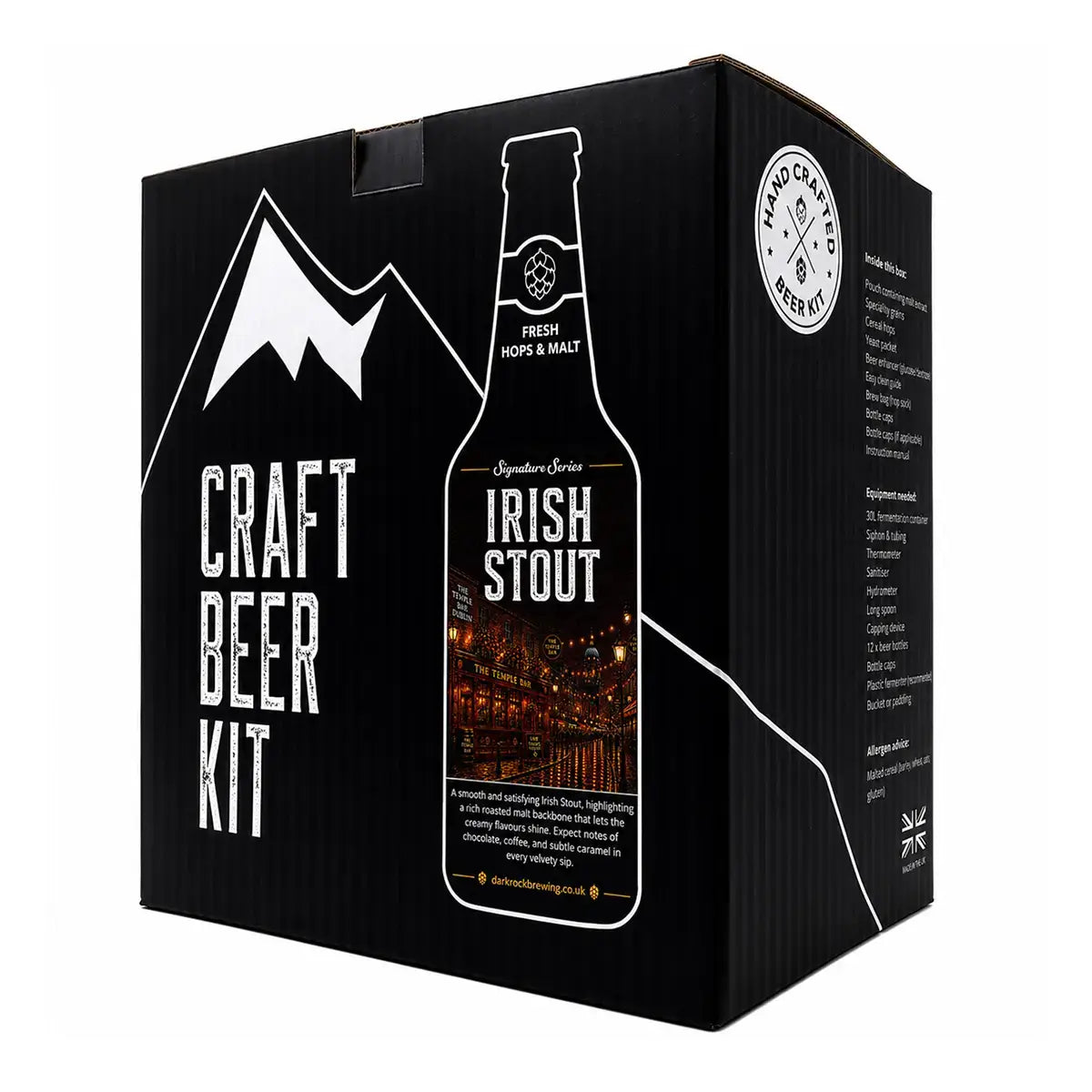Dark Rock Signature Irish Stout beer kit packaging with a black design and mountain graphics.