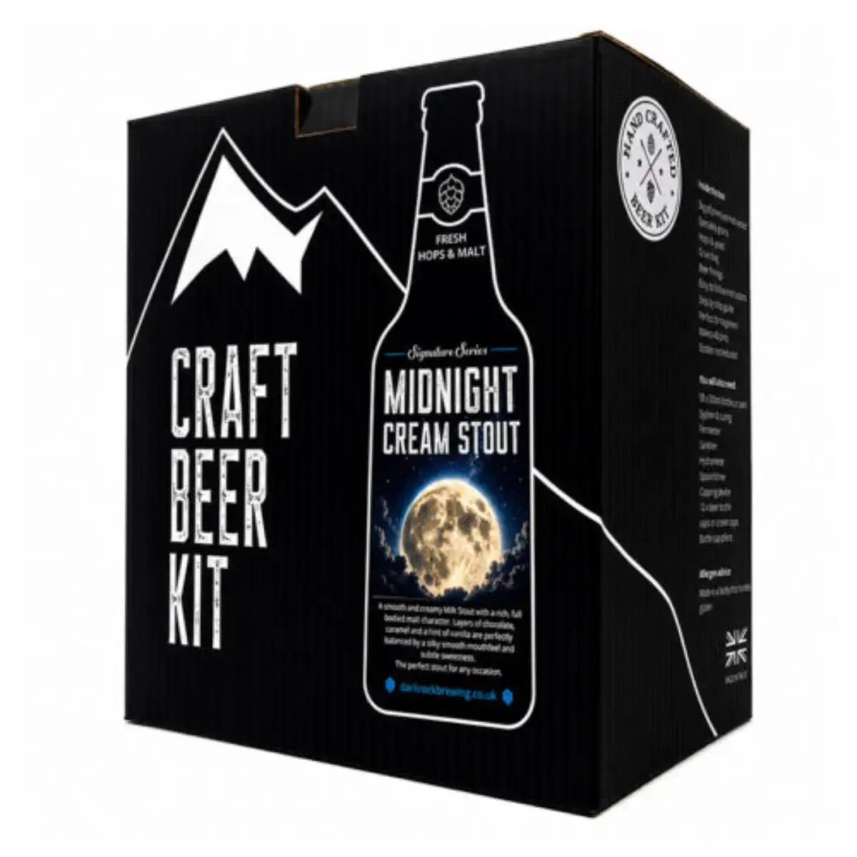 Dark Rock Signature Midnight Cream Stout beer kit packaging featuring craft beer themes and design elements.