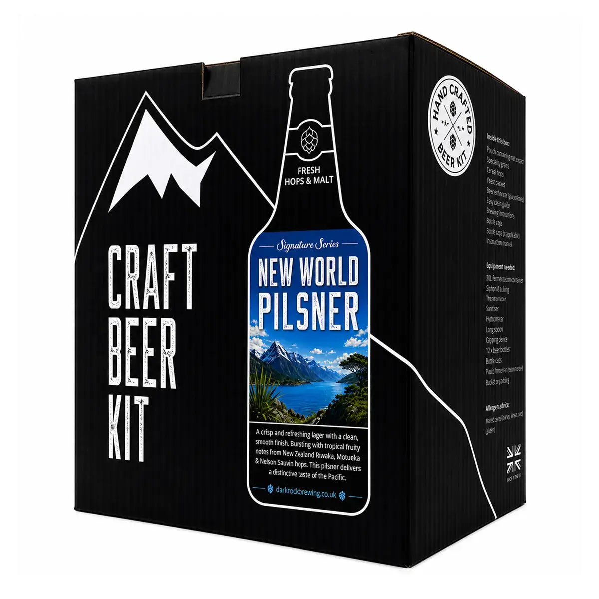 Dark Rock Signature New World Pilsner Beer Kit in a craft beer kit box featuring mountain graphics.