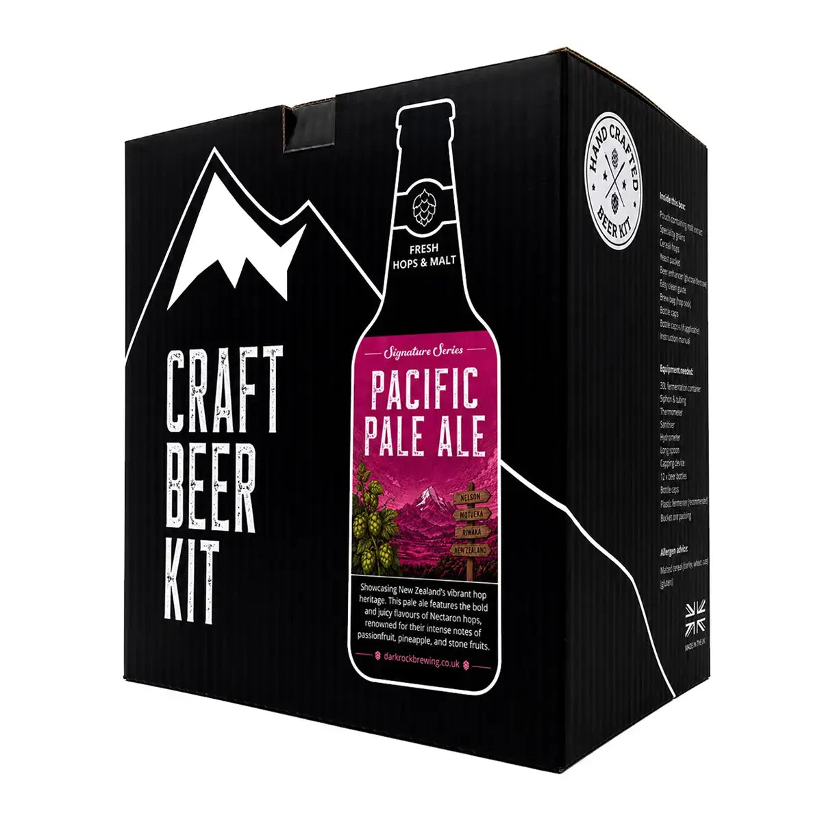 Dark Rock Signature Pacific Pale Ale beer kit packaging featuring vibrant hop visuals and modern design.