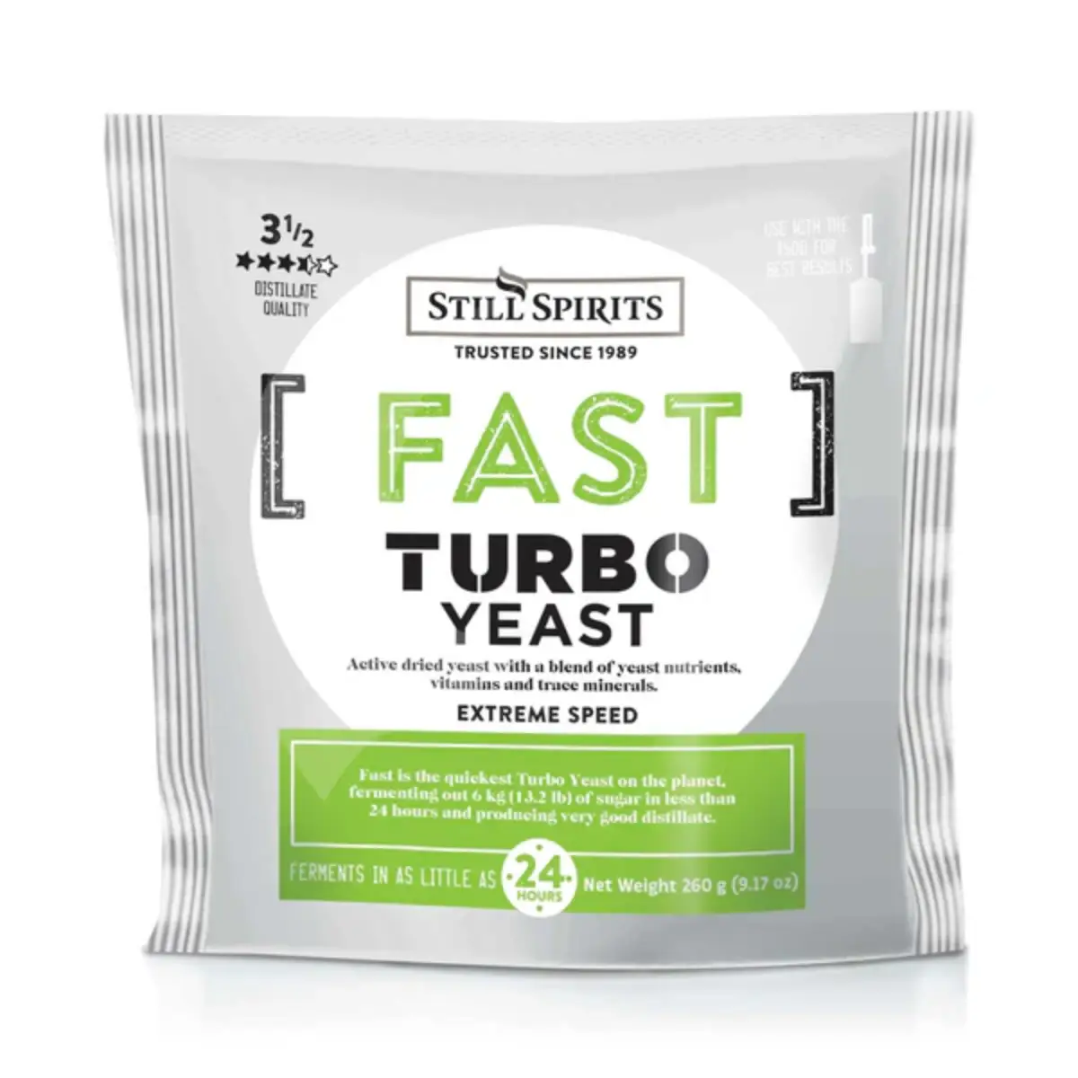 Still Spirits Fast Turbo Yeast package showcasing extreme speed for fermentation in under 24 hours.