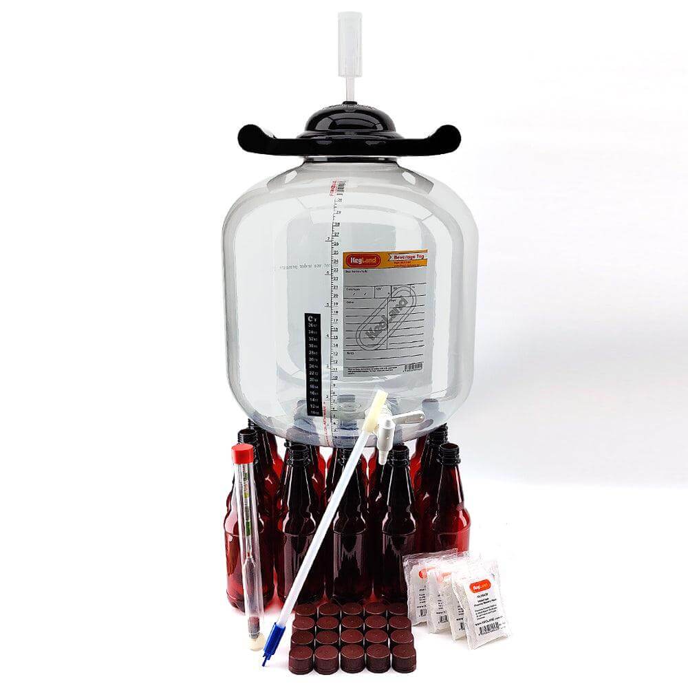 FermZilla Flat Bottom 30L Fermenter Starter Kit with PET Bottles, featuring fermenter and amber bottles.