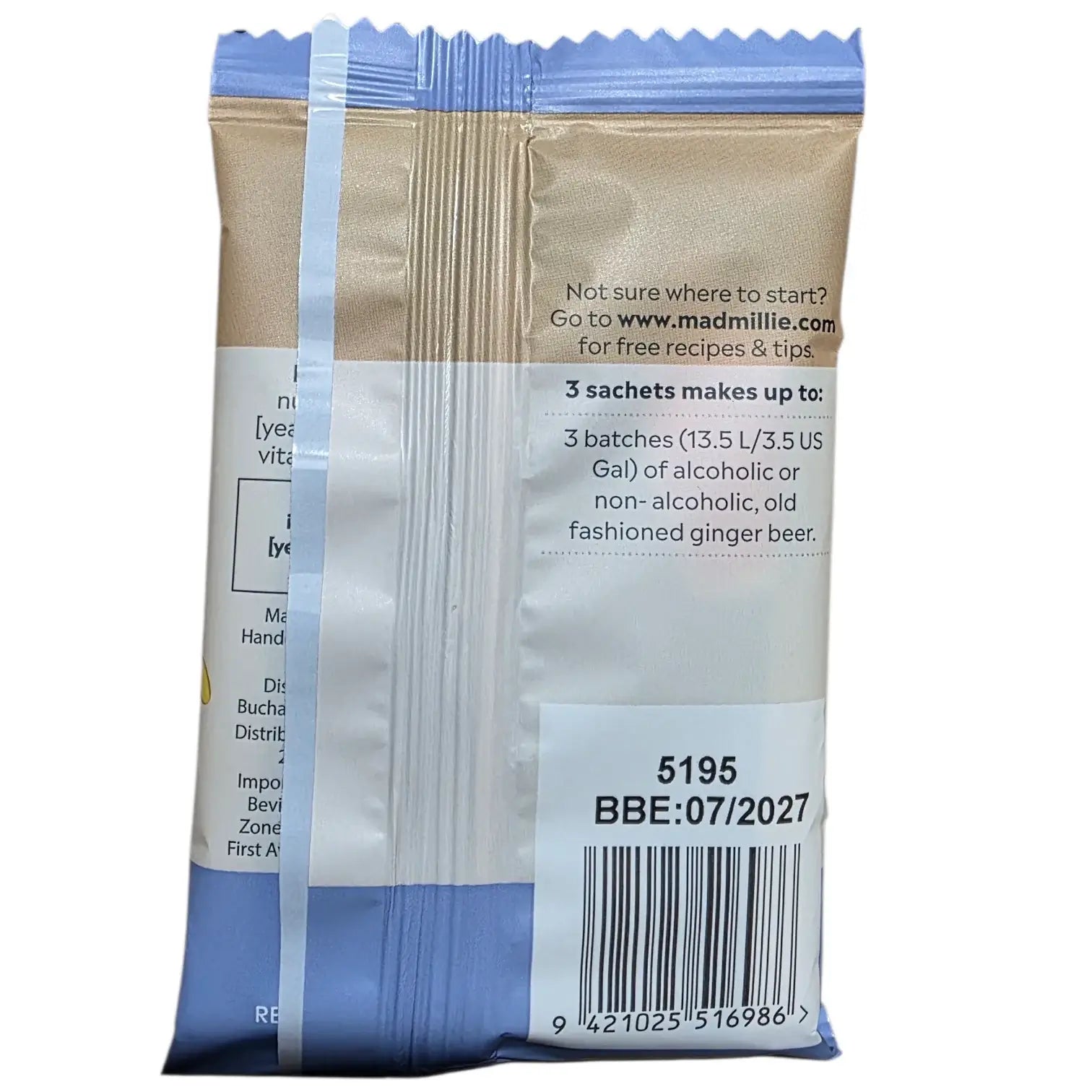 Ginger Beer Yeast 3 Pack by Mad Millie back of pack