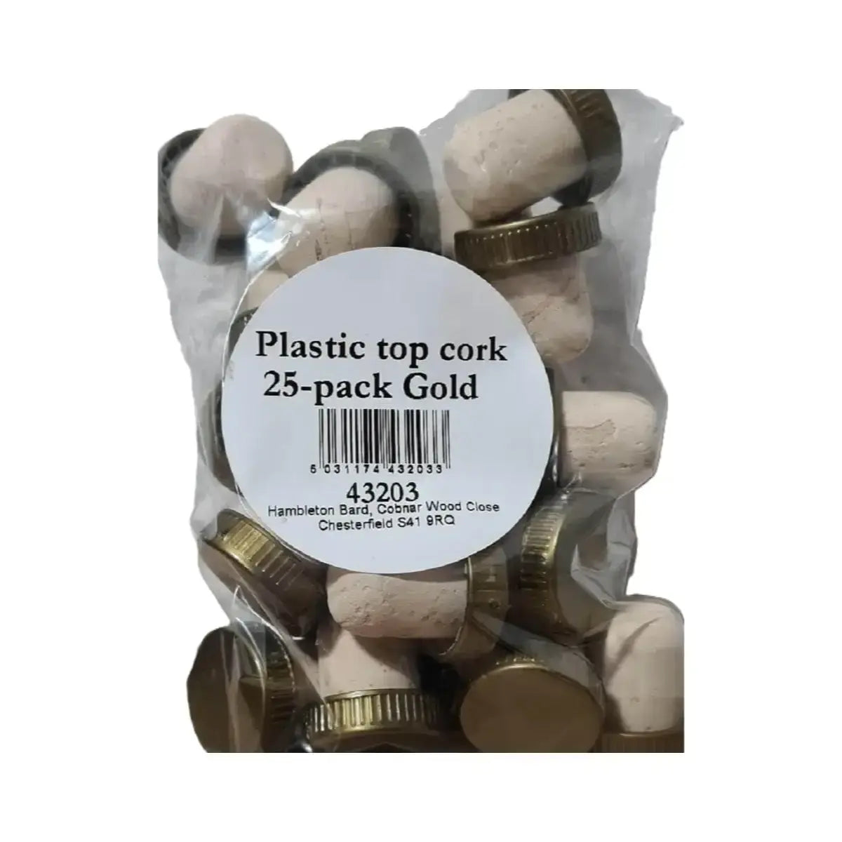 Gold Plastic Top Stoppers x 25 in a pack, featuring corks with gold plastic tops for easy wine bottle sealing.