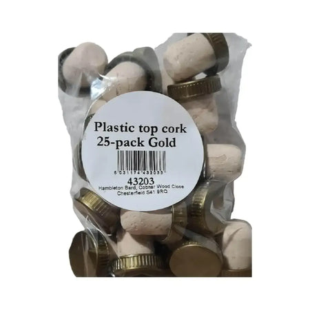 Gold Plastic Top Stoppers x 25 in a pack, featuring corks with gold plastic tops for easy wine bottle sealing.
