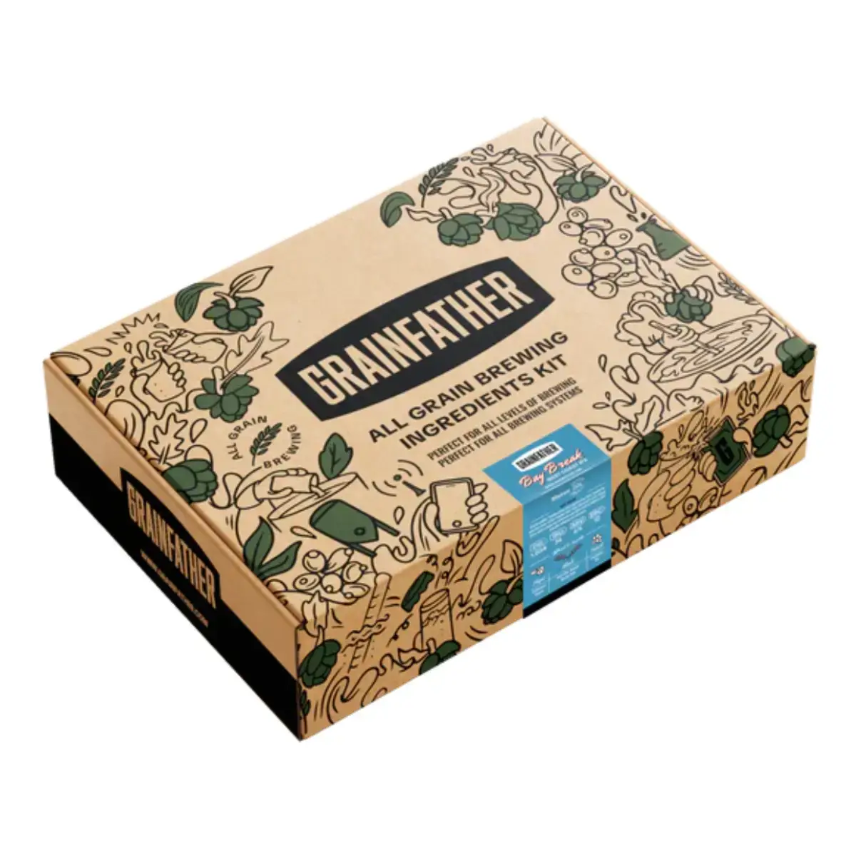 Grainfather Bay Break West Coast IPA All Grain Beer Kit packaging with brewing ingredients and detailed instructions.