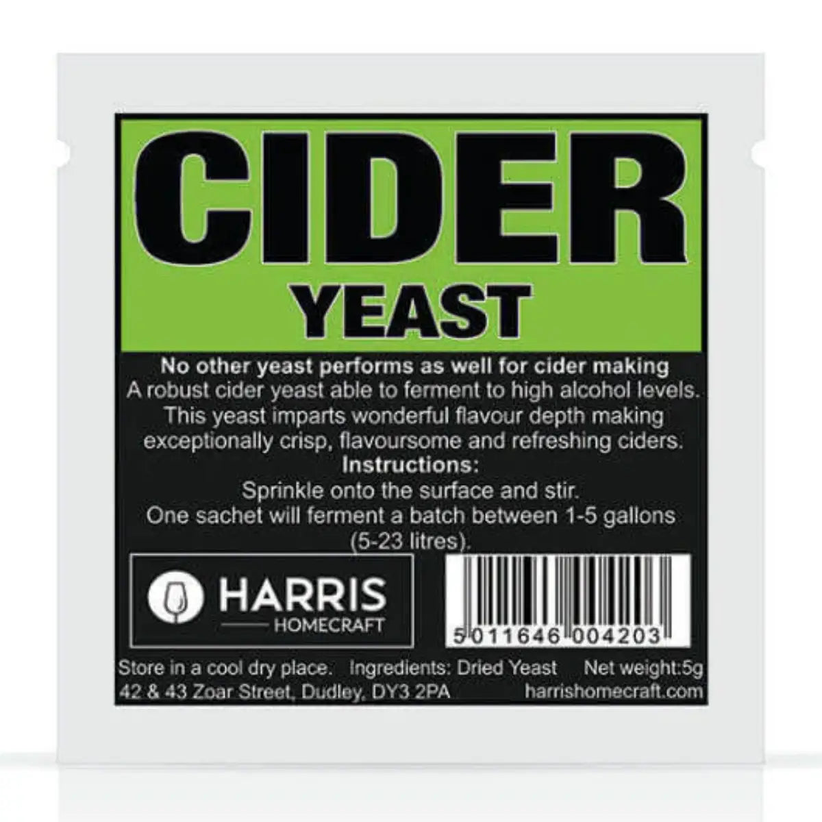 Harris Cider Yeast Sachet 5 Grams packaging for cider fermentation and flavor enhancement.