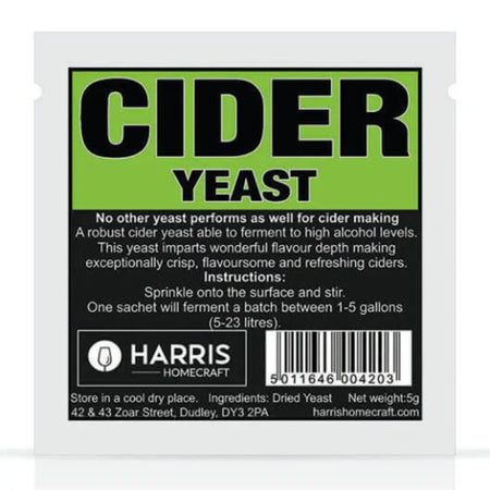 Harris Cider Yeast Sachet 5 Grams packaging for cider fermentation and flavor enhancement.
