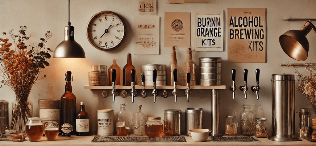 A cozy home brewing setup featuring glass jars, brewing kits, and decorative elements in a warm kitchen.