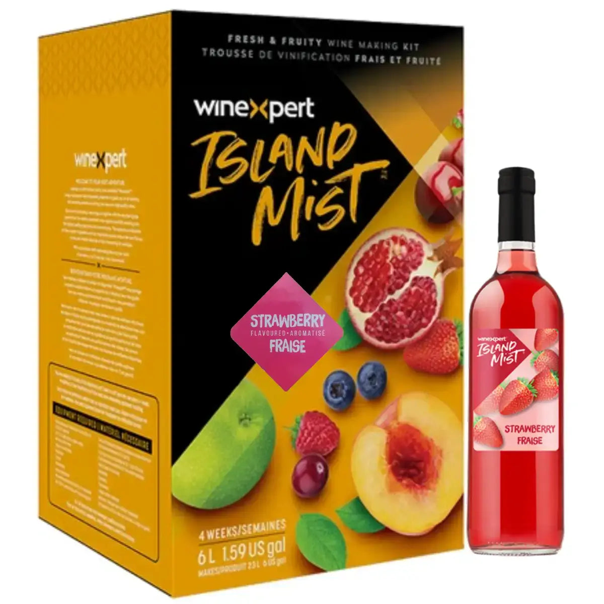 Island Mist Strawberry Wine Kit by Winexpert featuring colorful fruit packaging and a bottle of strawberry wine.