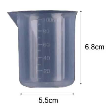 100ML Measuring Cup | Plastic Beaker: Transparent plastic beaker with graduated markings and measurements.