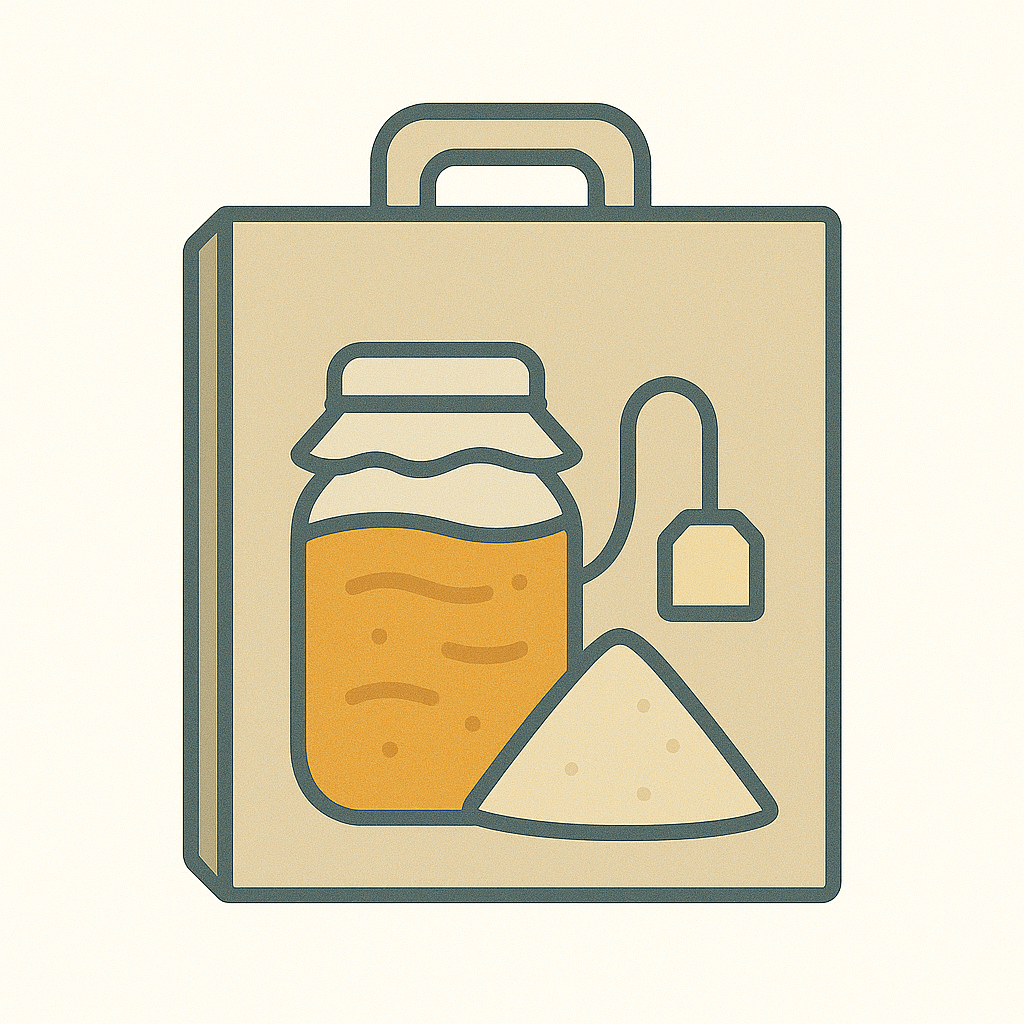 Illustration of a bag featuring a jar of honey and a scoop of sugar, symbolizing sweet ingredients.