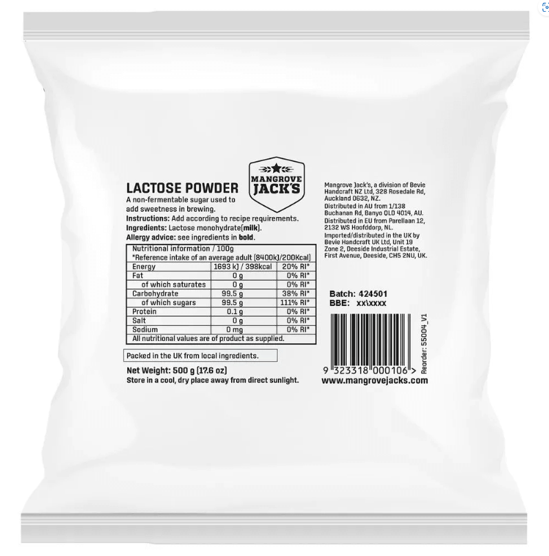 Lactose Powder 500g | Non Fermentable Sugar | The Home Brew Shop | 101474 - 55004