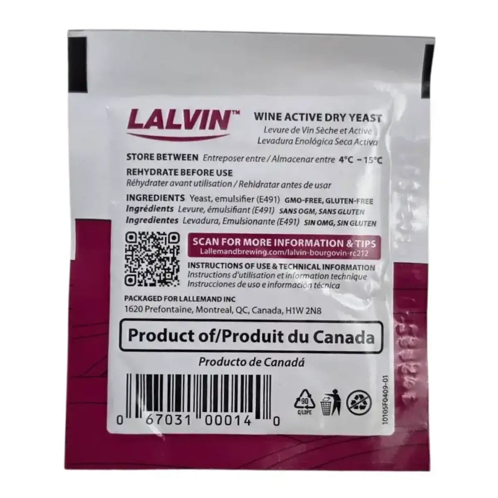 RC212 Bourgovin Wine Yeast - Lalvin packaging with instructions and ingredients list.