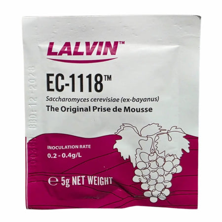 Lalvin EC-1118 Champagne Yeast - Wine - Best Before End 01/2028 package with grape design and instructions.