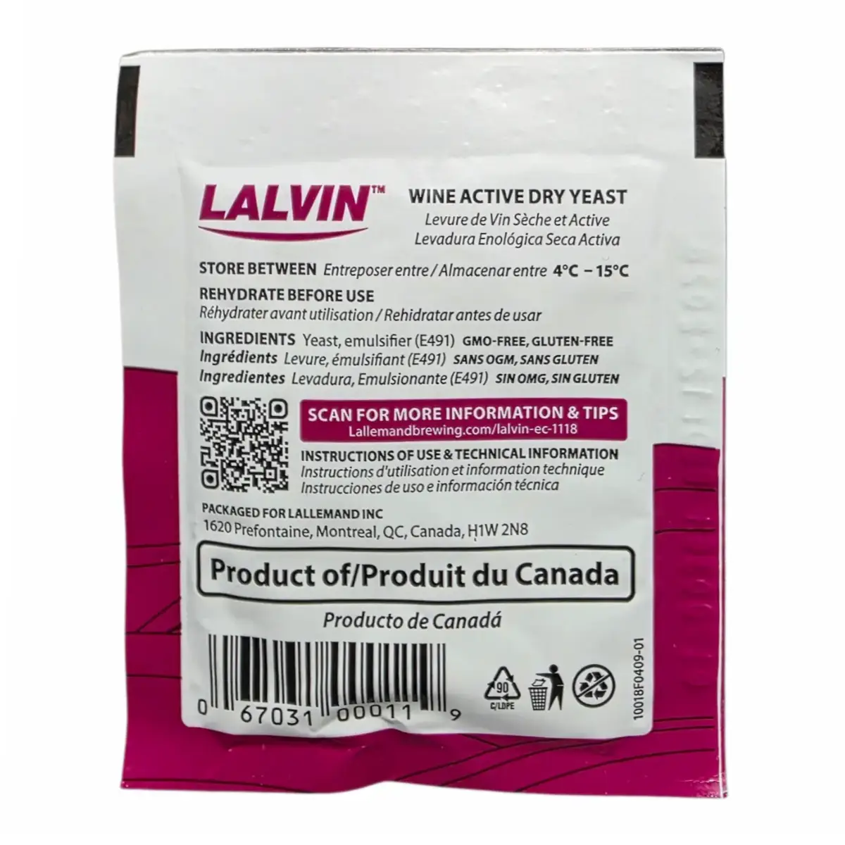 Lalvin EC-1118 Champagne Yeast - Wine - Best Before End 01/2028 packaging, dry yeast for winemaking.