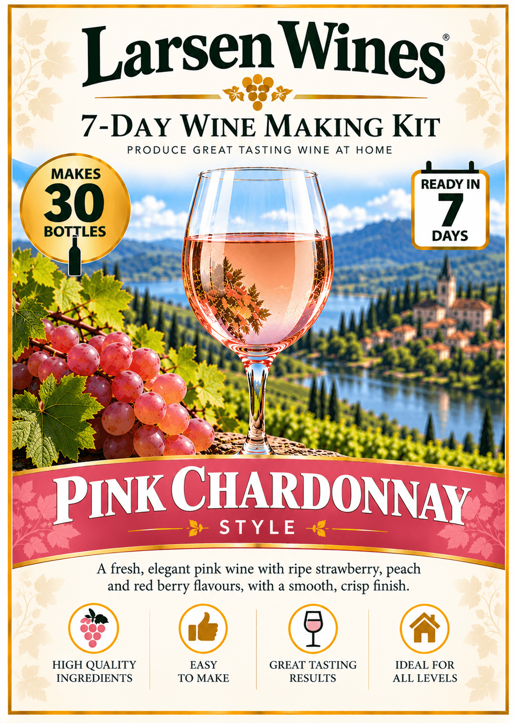 Larsen Pink Chardonnay Style Wine kit packaging featuring a glass of pink wine and grapes, makes 30 bottles, ready in 7 days.